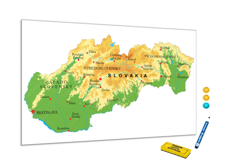 Metalová magnetická tabuľa - mapa reliéfu Slovenské republiky