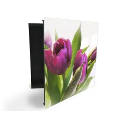 Glasdekor skrinka na kľúče - kvet fialový tulipán na bielom podklade