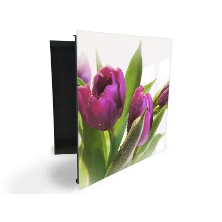 Glasdekor skrinka na kľúče - kvet fialový tulipán na bielom podklade