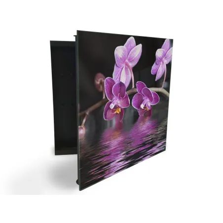 Glasdekor skrinka na kľúče - kvety temne fialovej orchidey nad hladinou