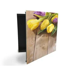 Glasdekor skrinka na kľúče - žlté tulipány na dreve