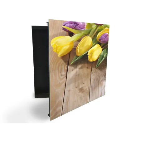 Glasdekor skrinka na kľúče - žlté tulipány na dreve