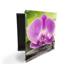 Glasdekor skrinka na kľúče - veľký fialový kvet orchidey na kameni