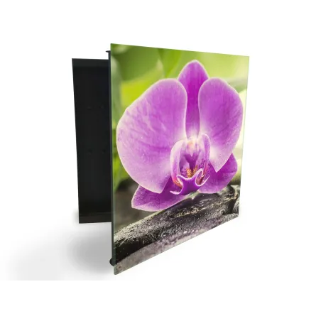 Glasdekor skrinka na kľúče - veľký fialový kvet orchidey na kameni