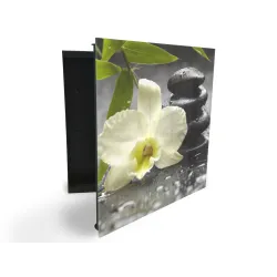 Glasdekor skrinka na kľúče - kvet orchidea, list bambusu a kameň