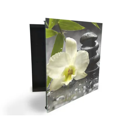 Glasdekor skrinka na kľúče - kvet orchidea, list bambusu a kameň