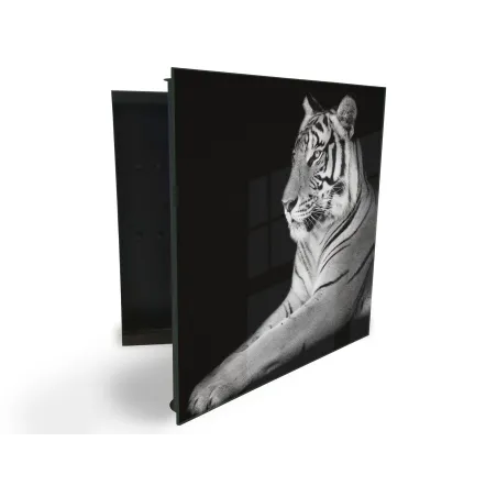 Glasdekor skrinka na kľúče - biely tiger na čiernom podklade z boku