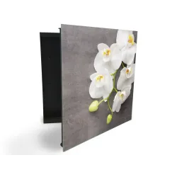 Glasdekor skrinka na kľúče - biele kvety orchidey na betóne