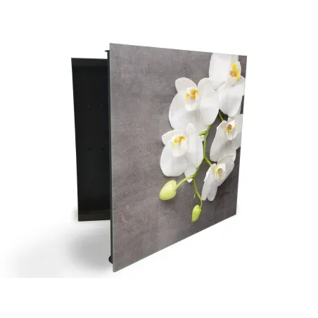 Glasdekor skrinka na kľúče - biele kvety orchidey na betóne