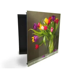 Glasdekor skrinka na kľúče - kytica farebných tulipánov