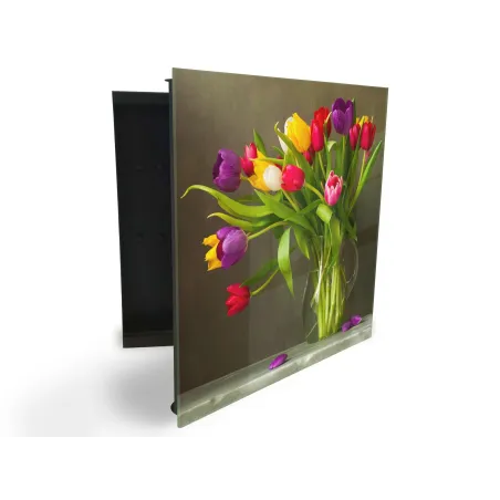 Glasdekor skrinka na kľúče - kytica farebných tulipánov