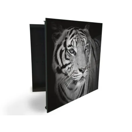 Glasdekor skrinka na kľúče - hlava čiernobiely tiger