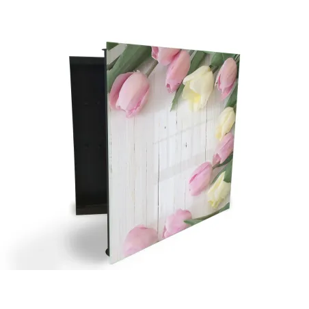 Glasdekor skrinka na kľúče - kvety tulipánov na bielom dreve