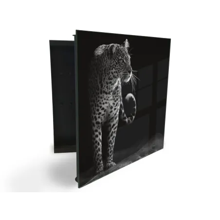 Glasdekor skrinka na kľúče - šelma čiernobiely leopard