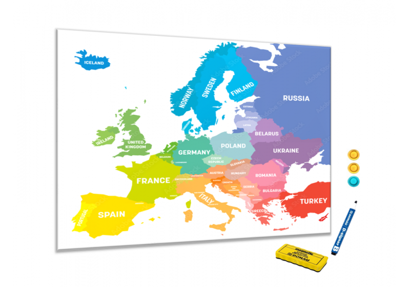 Metalová magnetická tabule - barevná mapa světa horizontální